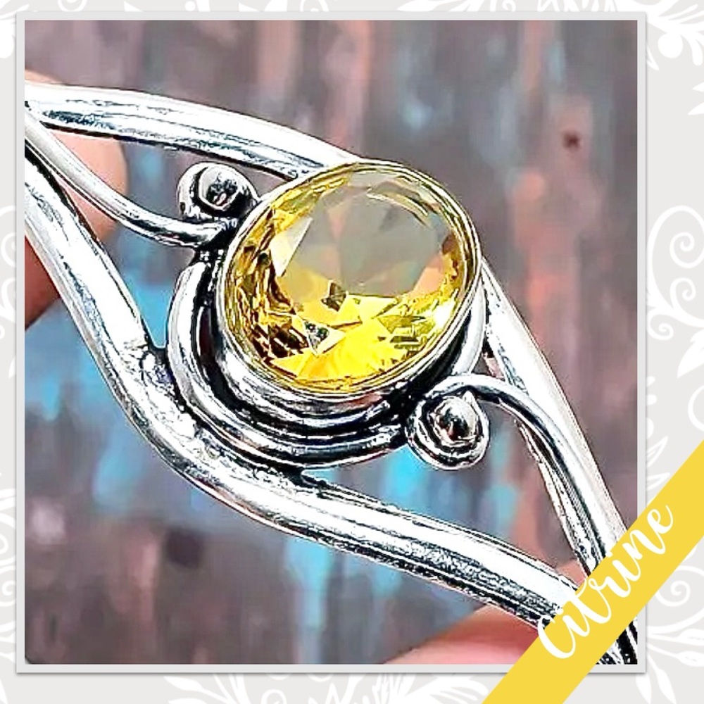 Citrine Eclectic Silver Artisan Cuff Bangle Bracelet (Yellow) - Picture 3 of 3